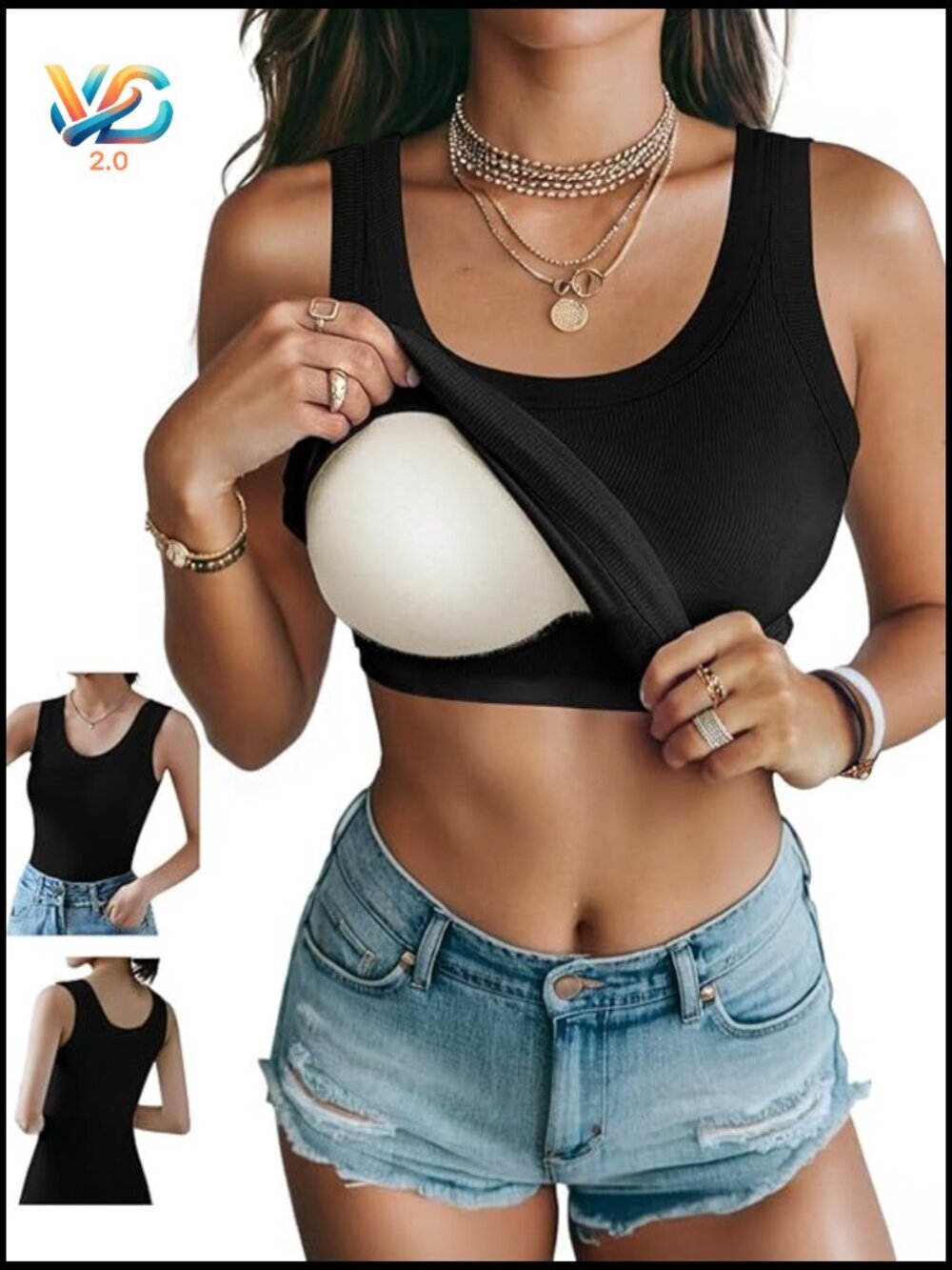 Ribbed Camisole Tank Top with Built-in Bra Scoop Neck Summer Basic